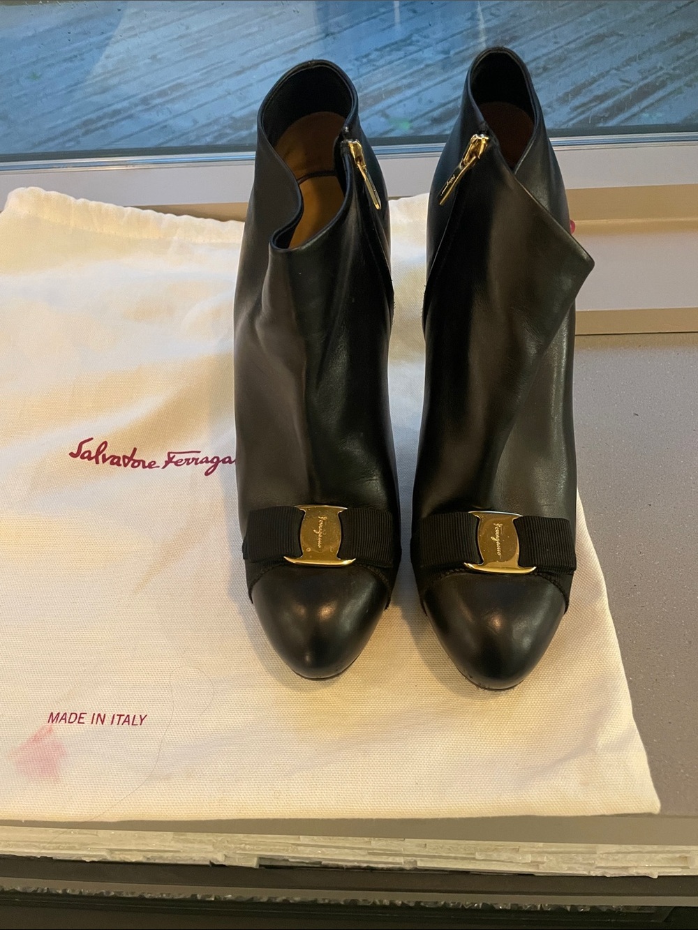 Salvatore Ferragamo Black Leather Ankle Boots with Bow Accent